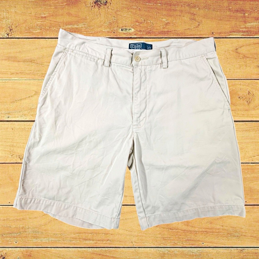 Polo Ralph Lauren Mens Beige Chino Cotton Shorts Flat Front Pockets Slash